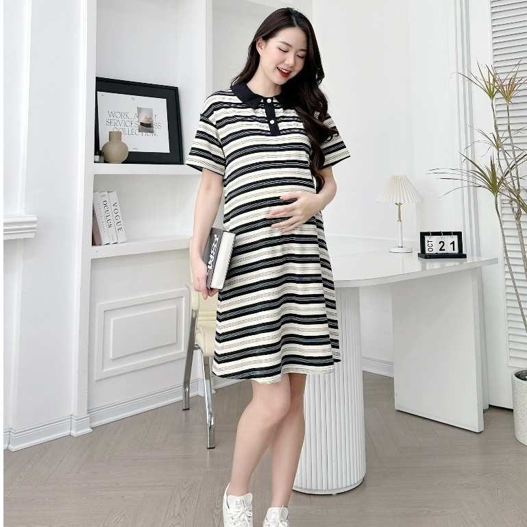 MEDYLA – Váy bầu kẻ len polo hàn đầm bầu thiết kế len co dãn cho bầu đi chơi du lịch cực xinh – VTA1554 spe
