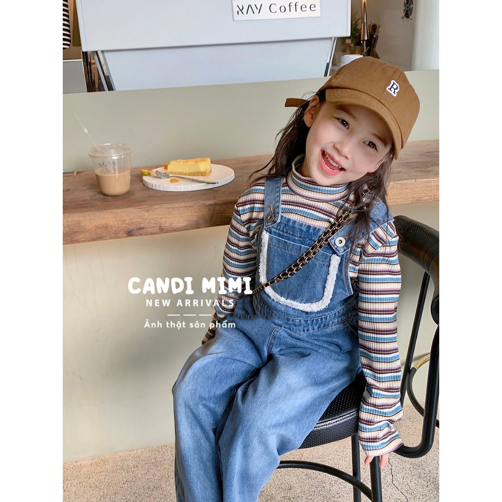 CANDIMIMI Yếm Bò Denim 100% Cotton Cao Cấp Phối Viền Bông Cho Bé Gái - Sợi Tự Nhiên Cao Cấp, Dày Dặn, Mềm Mại