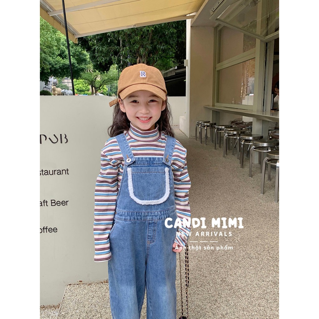 CANDIMIMI Yếm Bò Denim 100% Cotton Cao Cấp Phối Viền Bông Cho Bé Gái - Sợi Tự Nhiên Cao Cấp, Dày Dặn, Mềm Mại