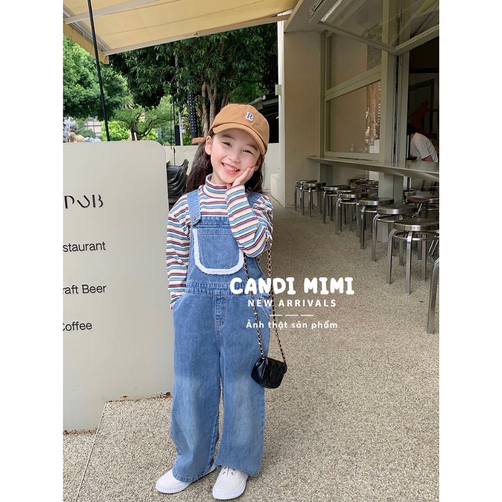 CANDIMIMI Yếm Bò Denim 100% Cotton Cao Cấp Phối Viền Bông Cho Bé Gái - Sợi Tự Nhiên Cao Cấp, Dày Dặn, Mềm Mại