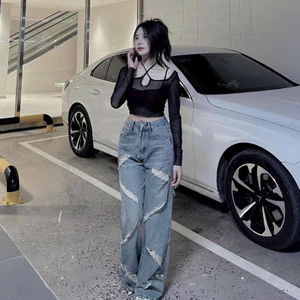Áo lưới đan chéo kèm bra 2 dây set 2 món, Áo Kiểu Tay Dài Phối Lưới Thiết Kế Dây Đan Chéo Quyến Rũ Hàng Quảng Châu.