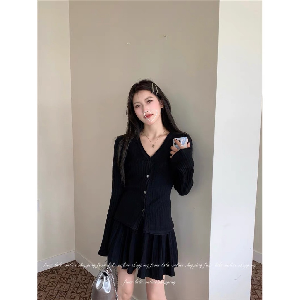 Set 2 món dệt kim Áo cardigan ôm, Chân váy ly len Hàng Quảng Châu 8887 .