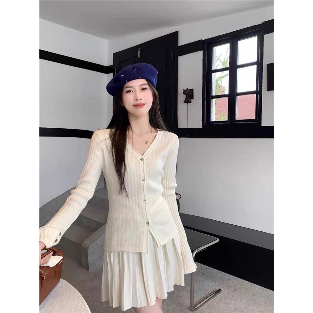 Set 2 món dệt kim Áo cardigan ôm, Chân váy ly len Hàng Quảng Châu 8887 .