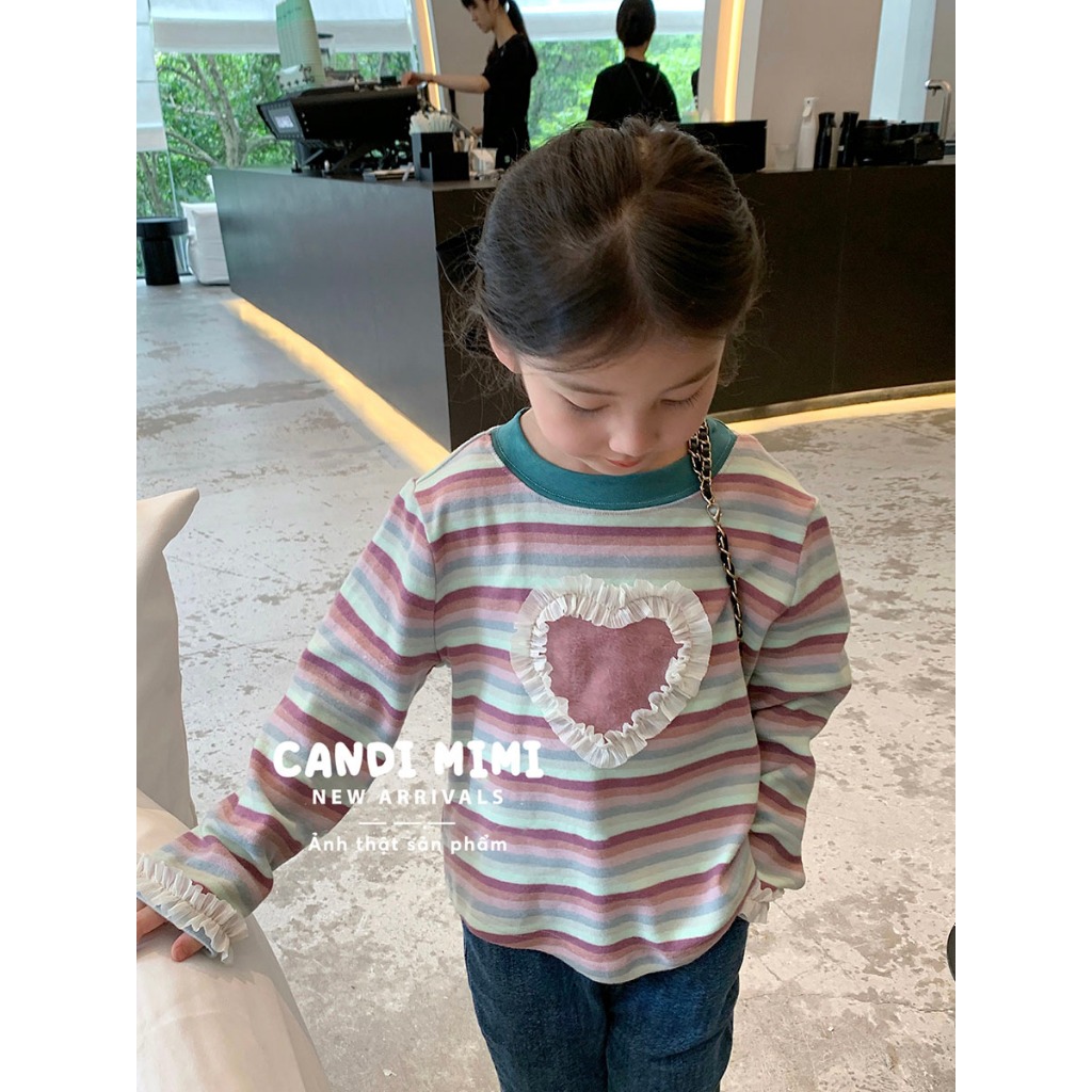 CANDIMIMI Áo Thun Cotton Dài Tay Kẻ Ngang Hình Trái Tim Dễ Thương Cho Bé Gái - Sợi Tự Nhiên Cao Cấp, Dày Dặn, Mềm Mại