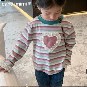 CANDIMIMI Áo Thun Cotton Dài Tay Kẻ Ngang Hình Trái Tim Dễ Thương Cho Bé Gái - Sợi Tự Nhiên Cao Cấp, Dày Dặn, Mềm Mại