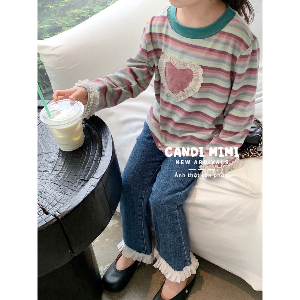 CANDIMIMI Áo Thun Cotton Dài Tay Kẻ Ngang Hình Trái Tim Dễ Thương Cho Bé Gái - Sợi Tự Nhiên Cao Cấp, Dày Dặn, Mềm Mại