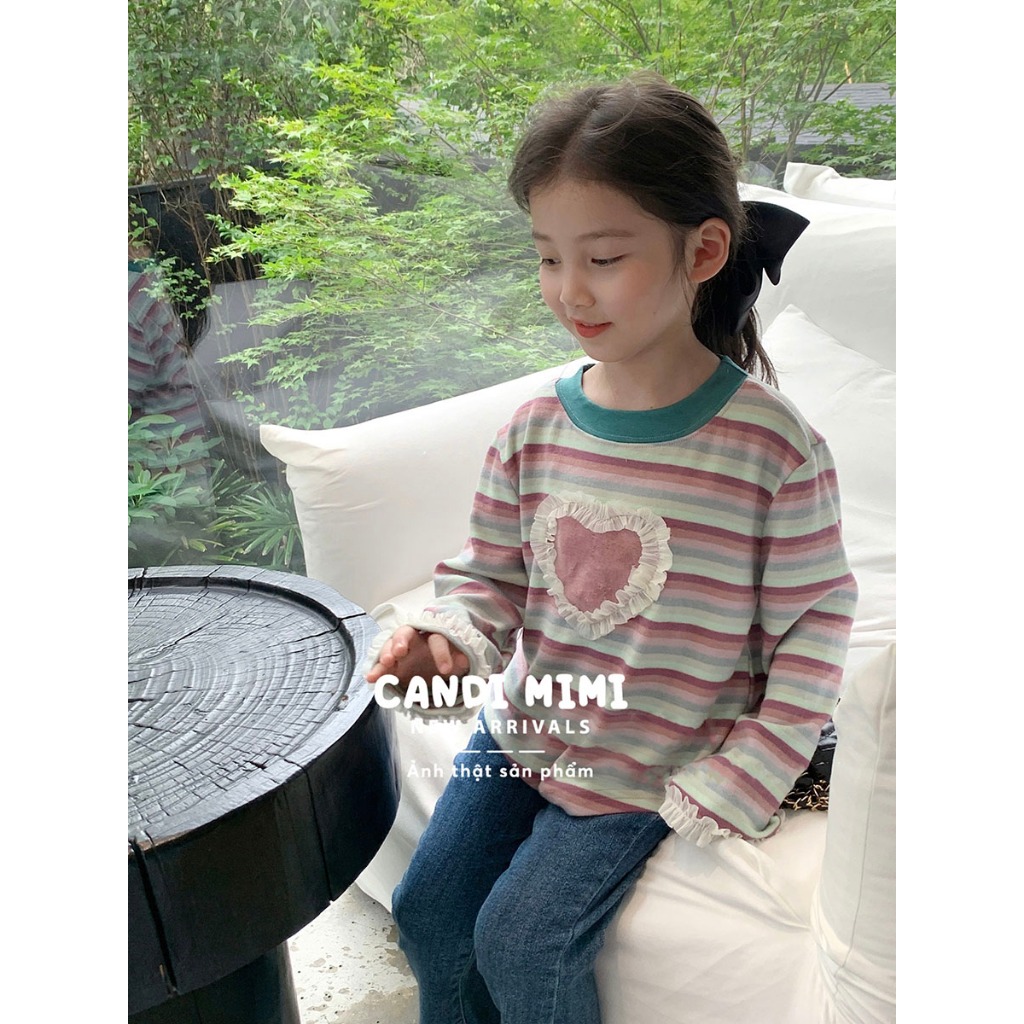 CANDIMIMI Áo Thun Cotton Dài Tay Kẻ Ngang Hình Trái Tim Dễ Thương Cho Bé Gái - Sợi Tự Nhiên Cao Cấp, Dày Dặn, Mềm Mại