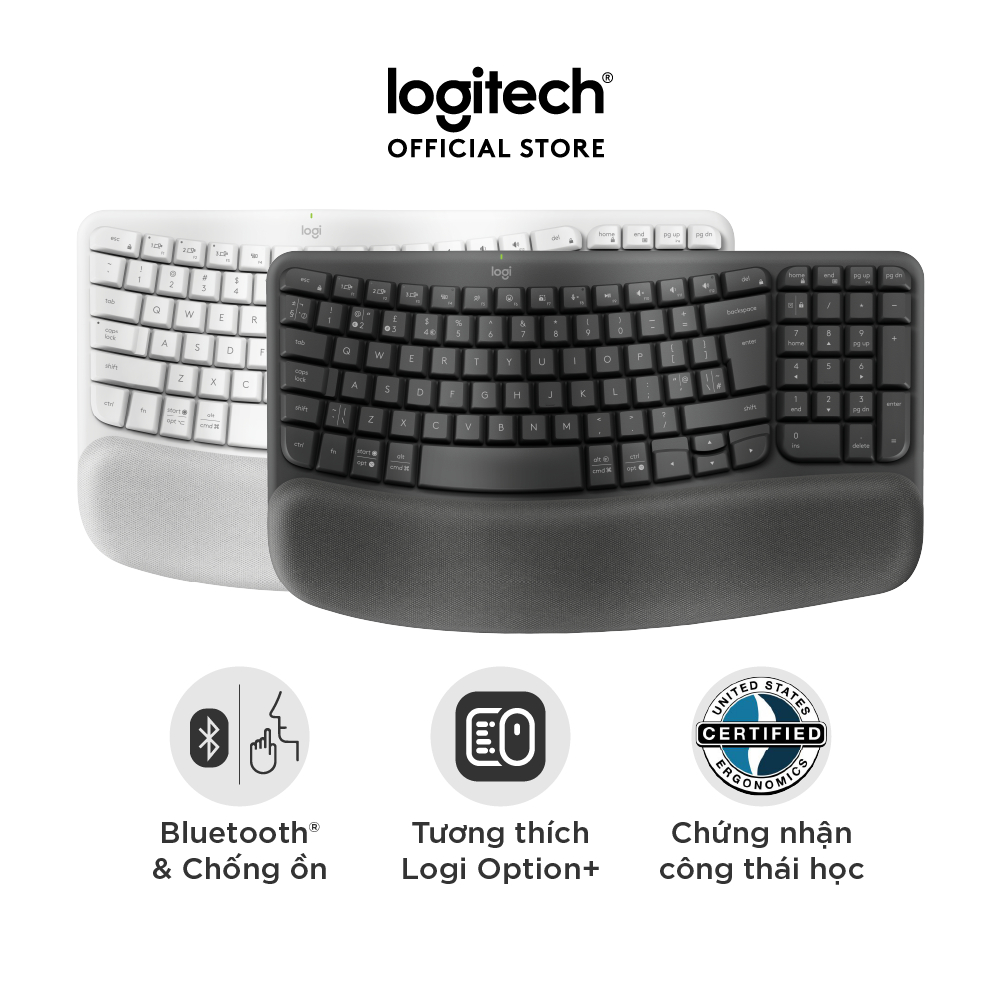 Bàn phím không dây công thái học Logitech Wave Keys – Kết nối Bluetooth, Gác tay, Windows, MacOs