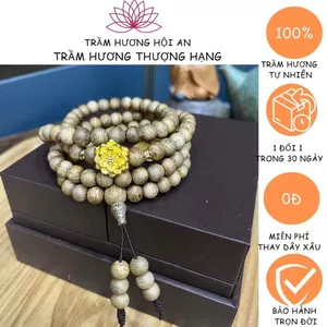 Vòng tay bằng trầm hương tóc lào, 8ly 108 hạt mix charm hoa sen mix vàn:g 9999ka-An yên-Thanh lịch-May mắn