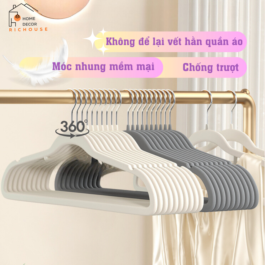 Móc treo quần áo bọc nhung siêu mỏng, móc quần áo chống trượt xoay 360, không làm hỏng quẩn áo