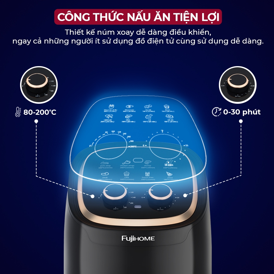 Nồi chiên không dầu 4,5 lít Fujihome A4EB, công suất 1400W đa chức năng, lòng nồi phủ chống dính, BH toàn quốc 18 tháng