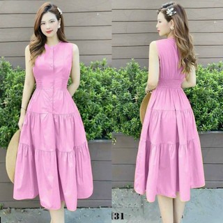 Đầm nữ maxi mặc đi chơi đi biển chất lụa 100D cổ tròn sát nách chiết ôm eo váy xoè phối tầng xinh xắn