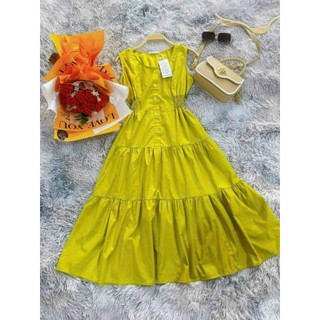 Đầm nữ maxi mặc đi chơi đi biển chất lụa 100D cổ tròn sát nách chiết ôm eo váy xoè phối tầng xinh xắn