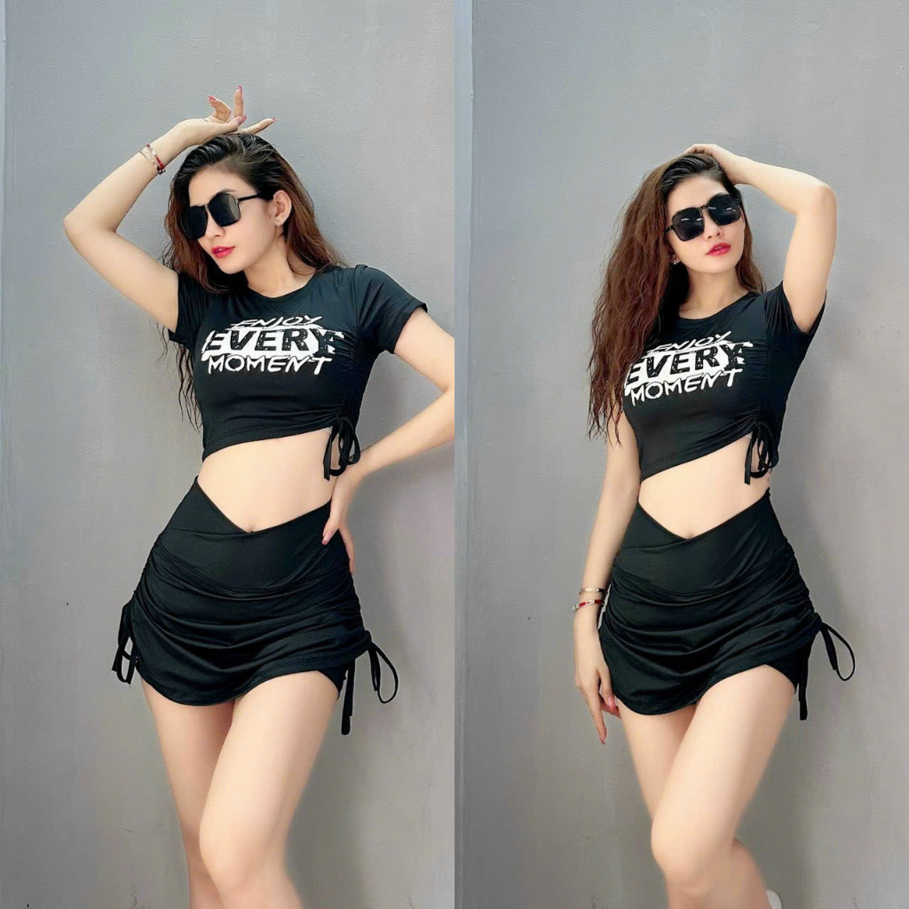 Set đồ tập gym nữ ,yoga nữ áo Croptop rút sườn + váy rút dây ,lưng cao ,nâng mông,thon dáng (Áo rút sườn+ váy rút dây)