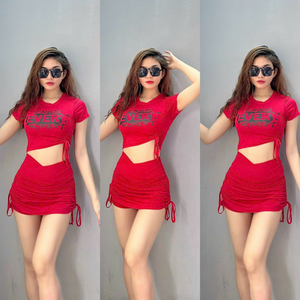 Set đồ tập gym nữ ,yoga nữ áo Croptop rút sườn + váy rút dây ,lưng cao ,nâng mông,thon dáng (Áo rút sườn+ váy rút dây)