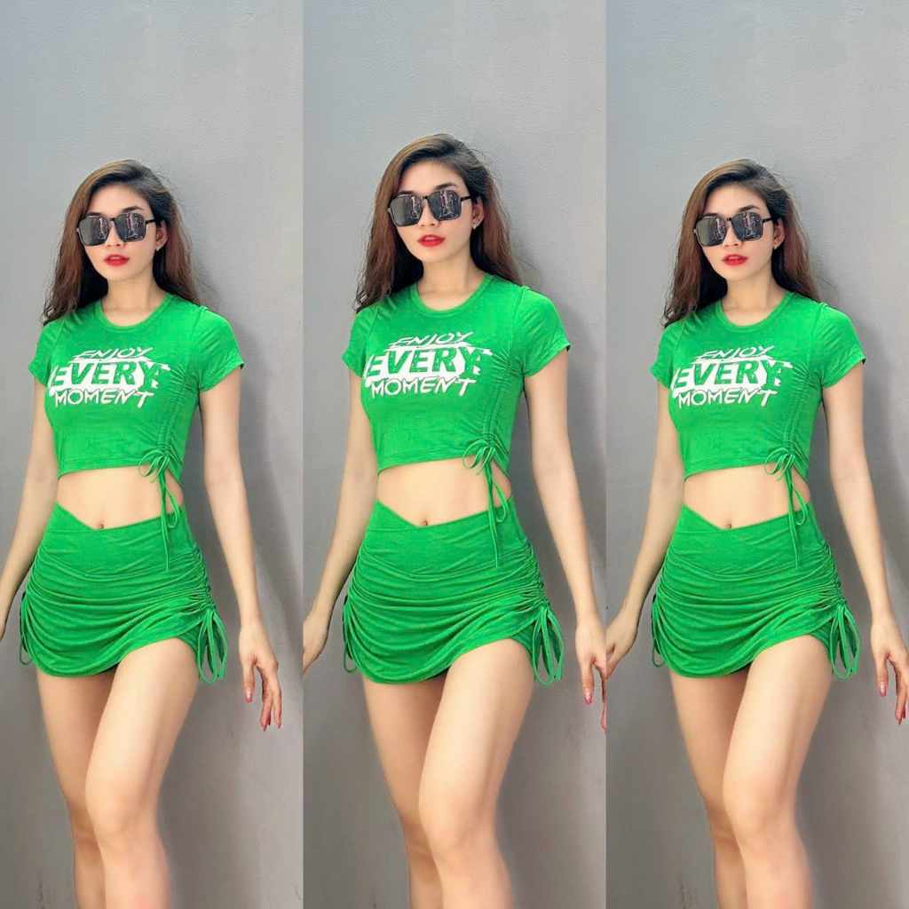 Set đồ tập gym nữ ,yoga nữ áo Croptop rút sườn + váy rút dây ,lưng cao ,nâng mông,thon dáng (Áo rút sườn+ váy rút dây)