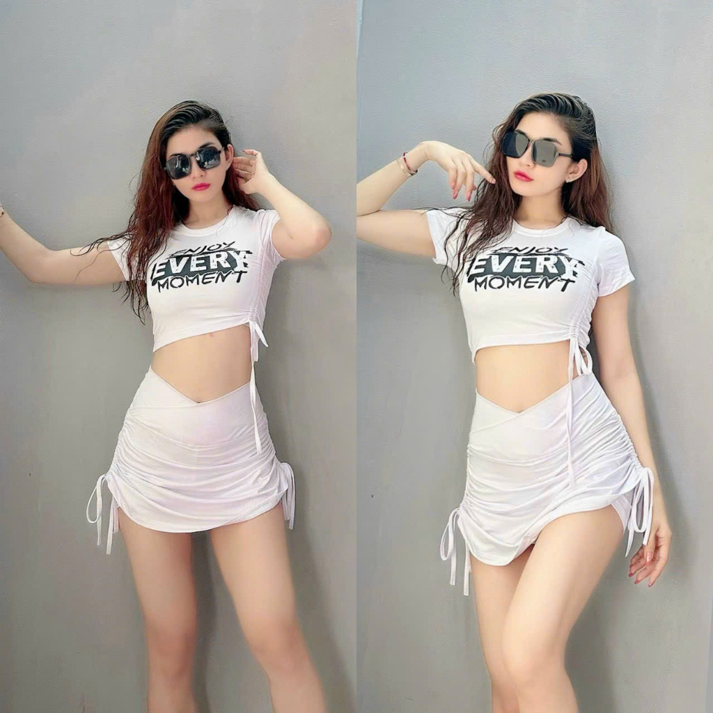 Set đồ tập gym nữ ,yoga nữ áo Croptop rút sườn + váy rút dây ,lưng cao ,nâng mông,thon dáng (Áo rút sườn+ váy rút dây)