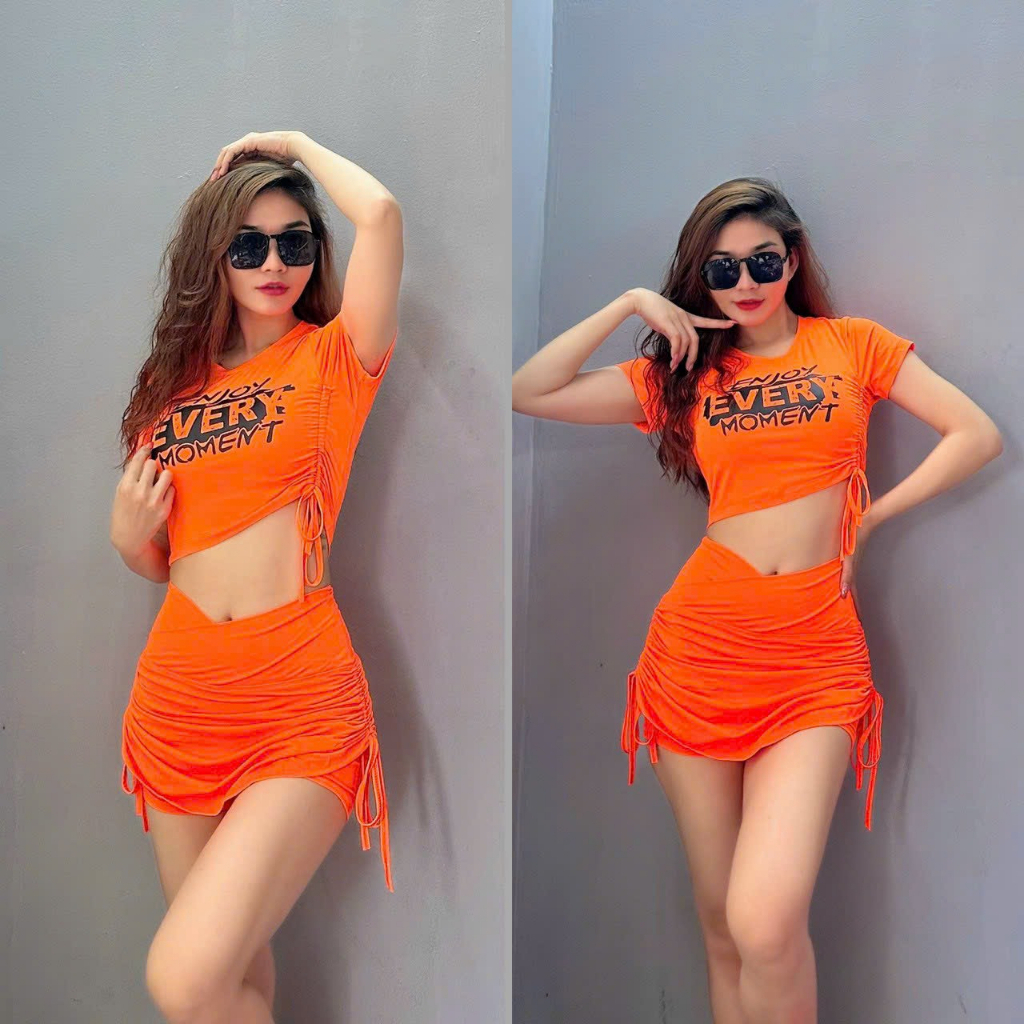 Set đồ tập gym nữ ,yoga nữ áo Croptop rút sườn + váy rút dây ,lưng cao ,nâng mông,thon dáng (Áo rút sườn+ váy rút dây)