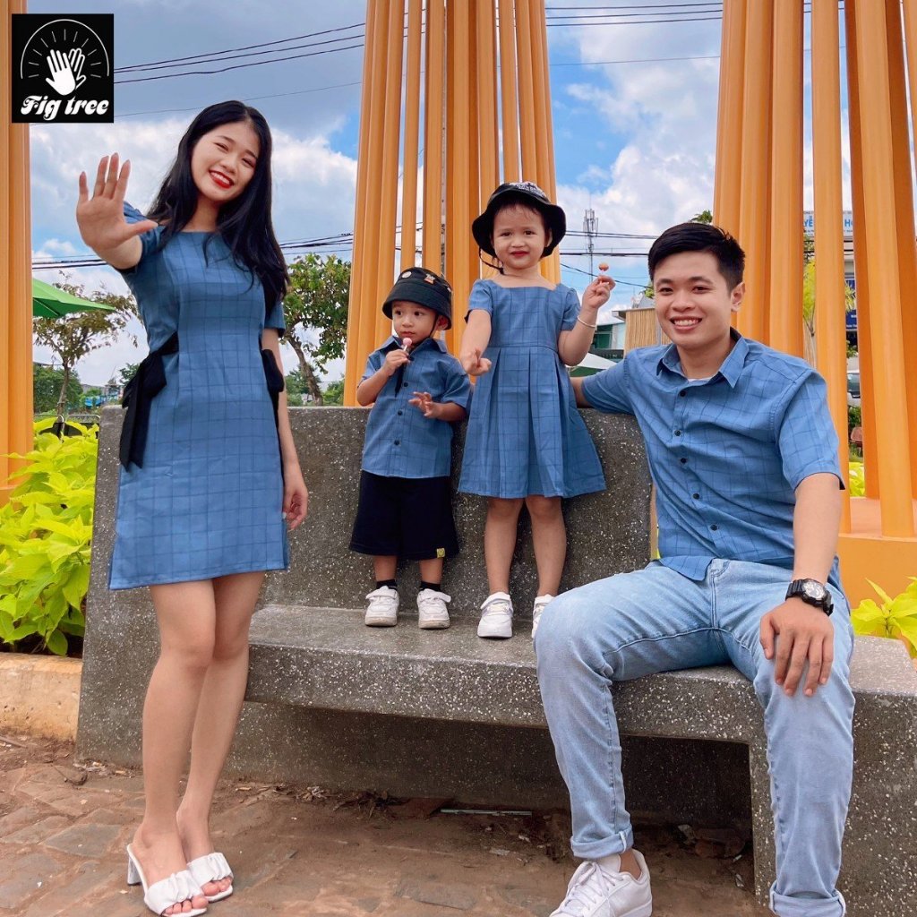 Đồng Phục Sơ Mi Váy Gia Đình Fig Tree Caro Xanh Biển Mã 164A Siêu Yêu