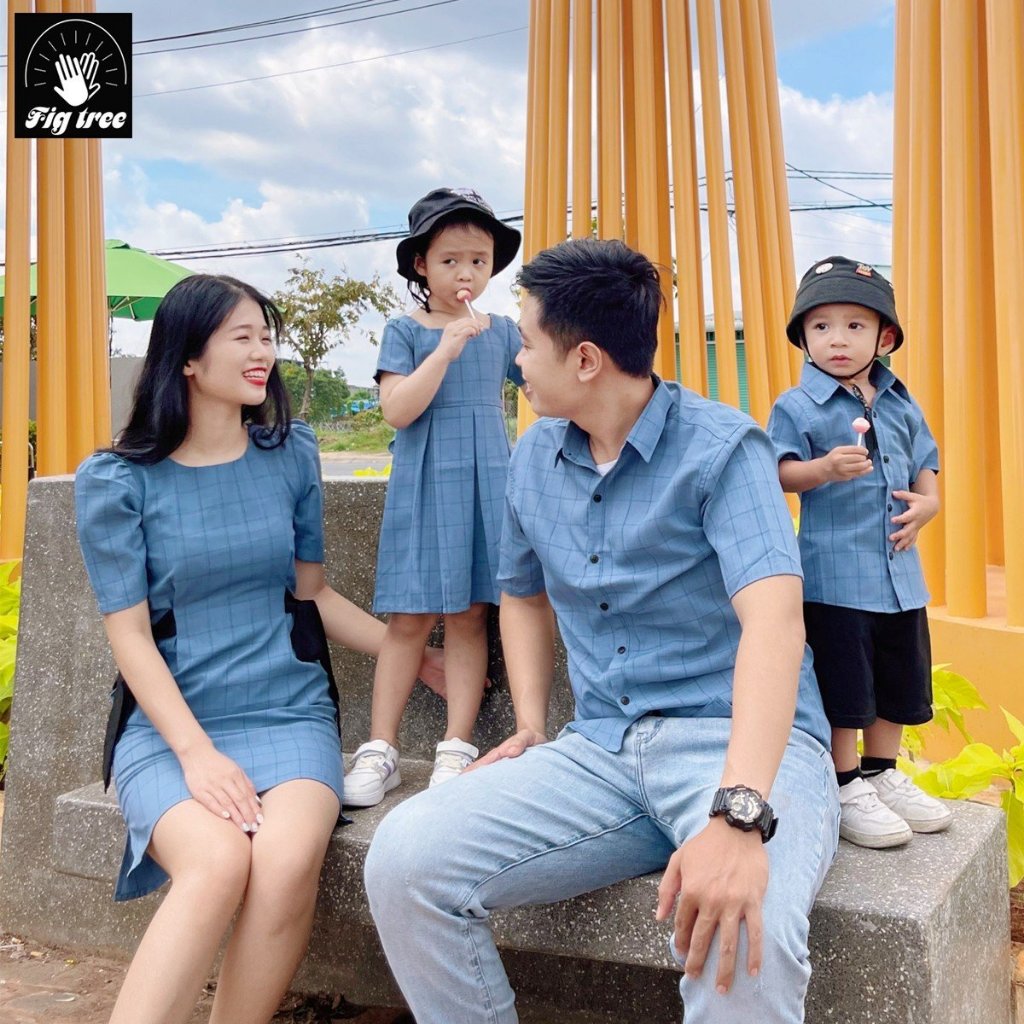 Đồng Phục Sơ Mi Váy Gia Đình Fig Tree Caro Xanh Biển Mã 164A Siêu Yêu