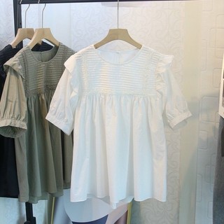 Áo bầu xinh, áo sơ mi bầu công sở bèo vai xếp li mềm thanh lịch tay cộc (Babydoll Bèo)