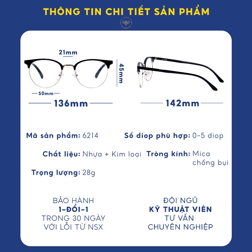 Ảnh Gọng kính nam nữ Lilyeyewear kim loại càng nhựa, mắt tròn, nhiều màu 622314 4