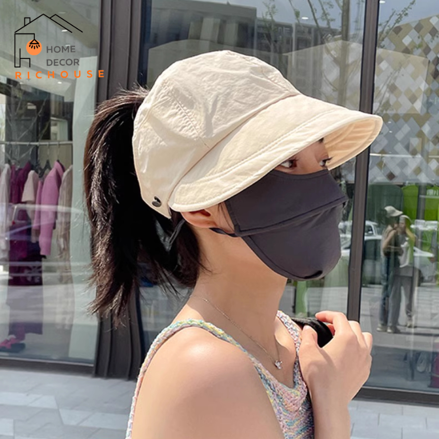 Mũ chống nắng Hàn Quốc, Nón vành rộng có móc đeo khẩu trang, chất liệu vải Acrylic thoáng mát