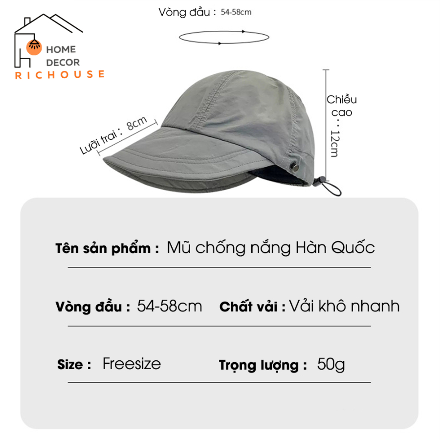 Mũ chống nắng Hàn Quốc, Nón vành rộng có móc đeo khẩu trang, chất liệu vải Acrylic thoáng mát