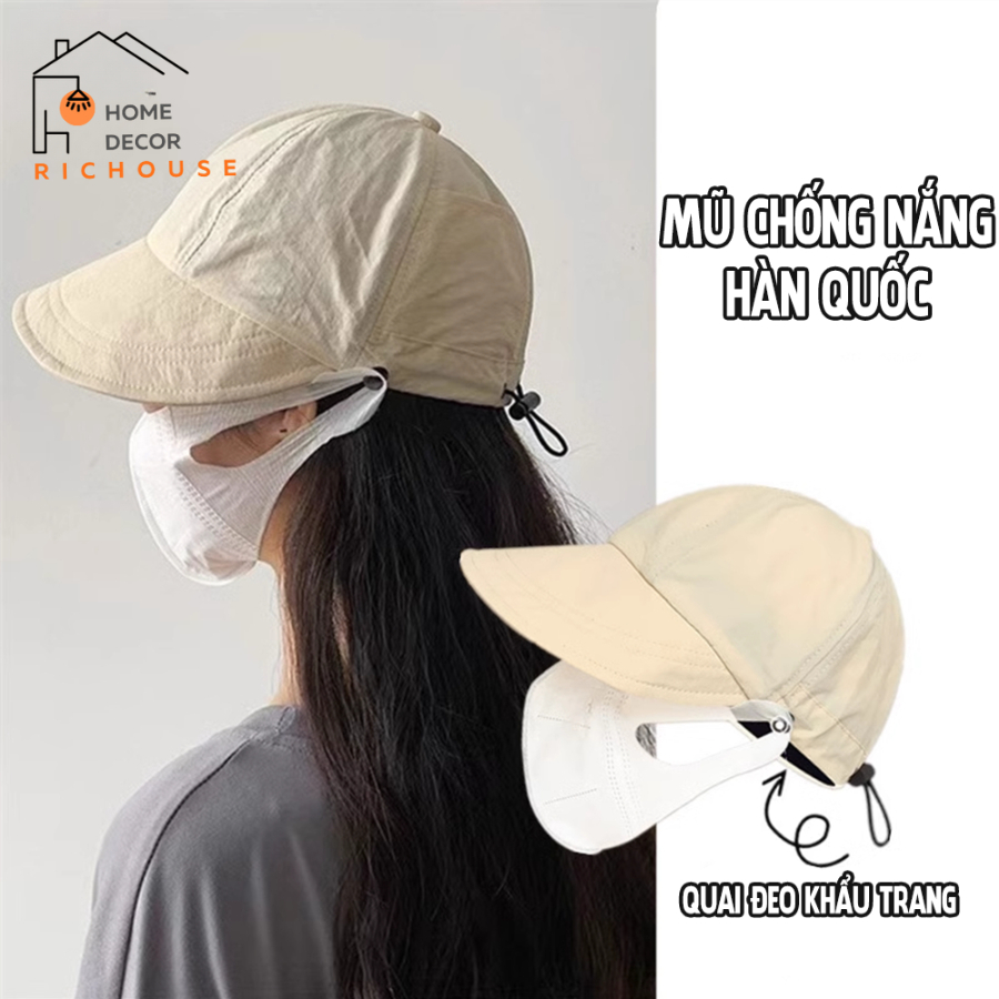 Mũ chống nắng Hàn Quốc, Nón vành rộng có móc đeo khẩu trang, chất liệu vải Acrylic thoáng mát
