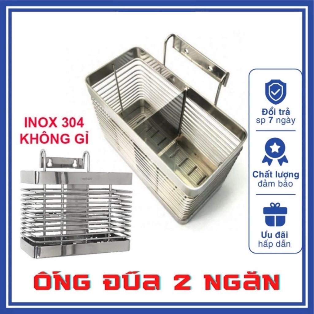 Ống giỏ đựng đũa có móc treo tường inox 304 hàng đẹp 2 ngăn | Shopee ...