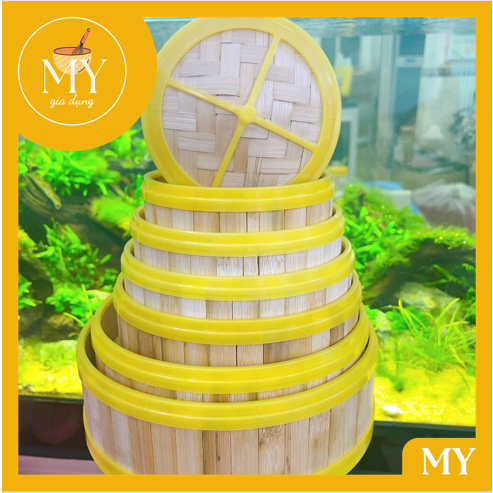 Xửng hấp tròn tre viền nhựa có nắp - Hấp DIMSUM - BÁNH BAO - HÁ CẢO...(đủ size)