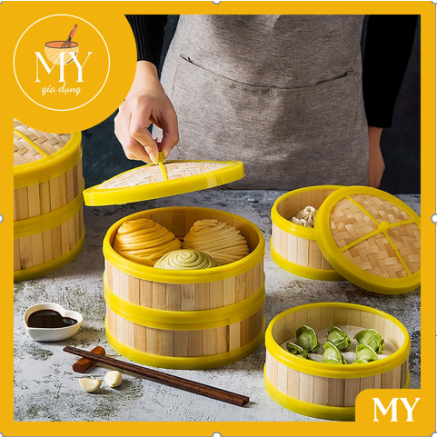 Xửng hấp tròn tre viền nhựa có nắp - Hấp DIMSUM - BÁNH BAO - HÁ CẢO...(đủ size)