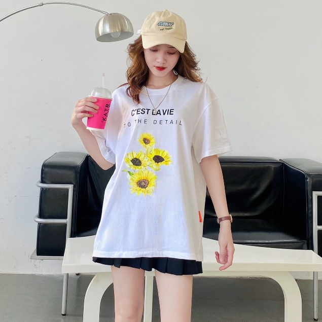 Áo thun oversize cotton 250gsm in hình hoa hướng dương | Vải dày, mịn, unisex đi chơi – du lịch