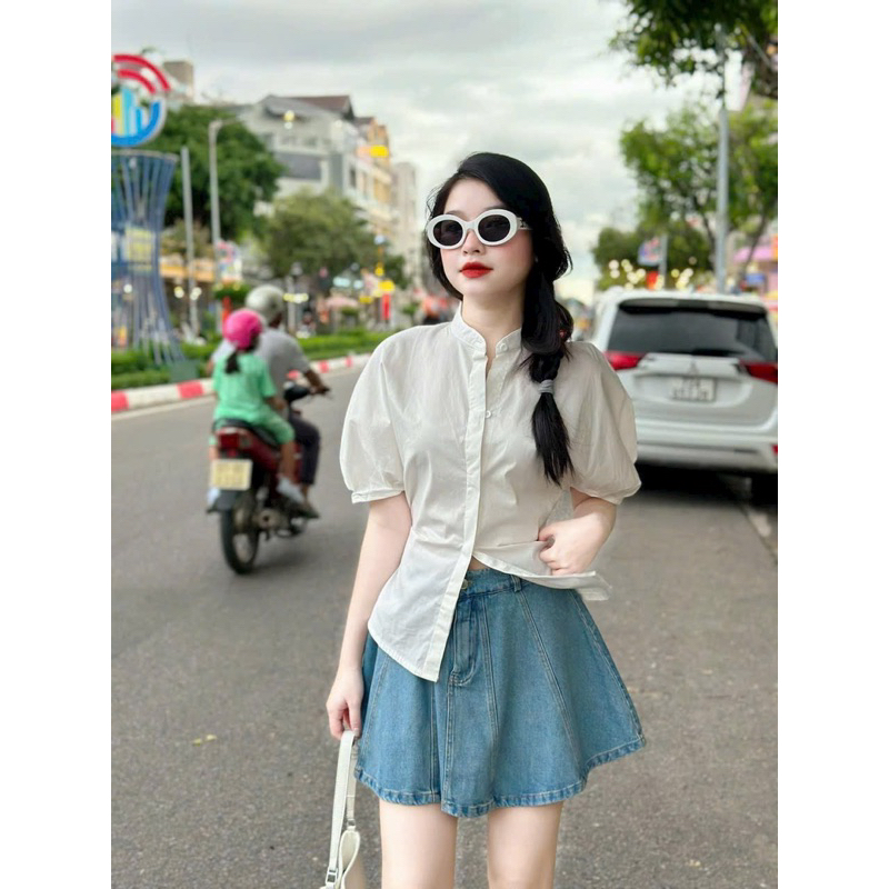 SET SƠ MI TRẮNG CỔ TRỤ + CHÂN VÁY JEAN XOÈ