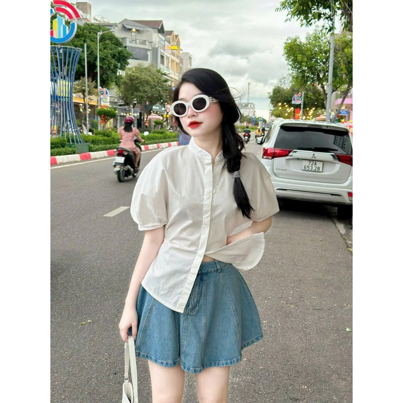 SET SƠ MI TRẮNG CỔ TRỤ + CHÂN VÁY JEAN XOÈ