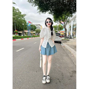 SET SƠ MI TRẮNG CỔ TRỤ + CHÂN VÁY JEAN XOÈ