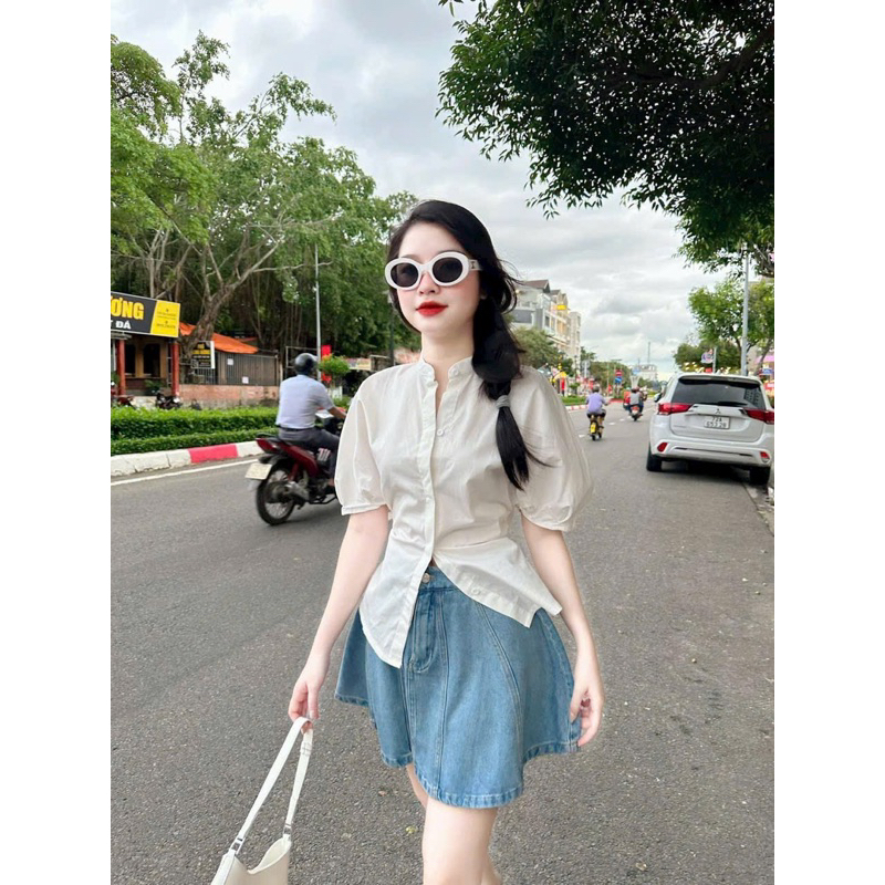 SET SƠ MI TRẮNG CỔ TRỤ + CHÂN VÁY JEAN XOÈ
