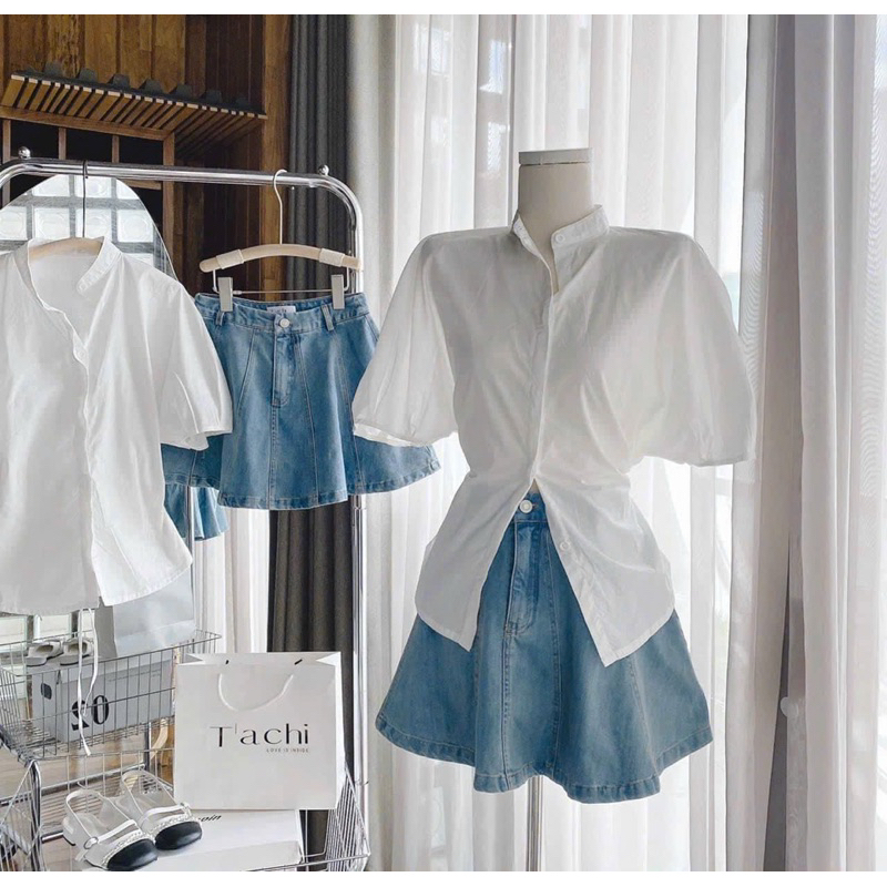 SET SƠ MI TRẮNG CỔ TRỤ + CHÂN VÁY JEAN XOÈ