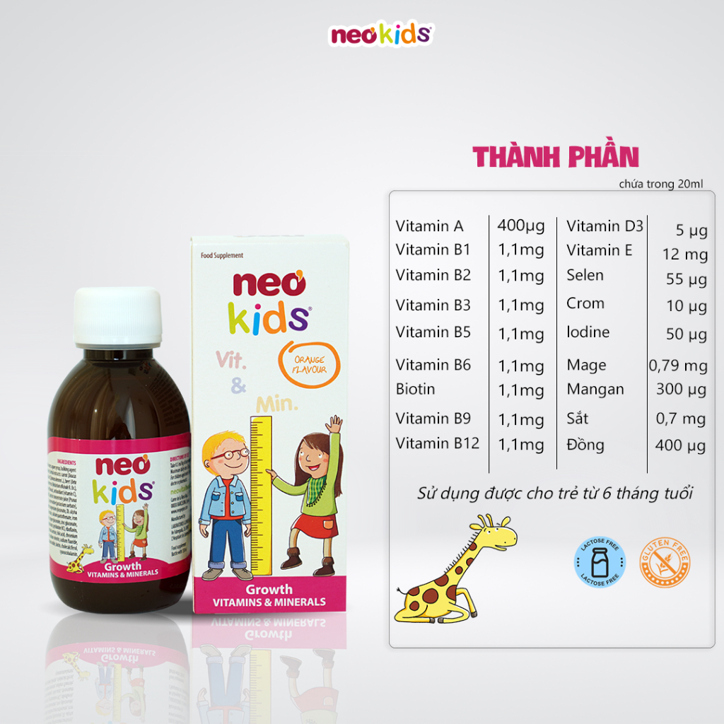 Siro ăn ngon Neo Kids Growth - 19 Vitamin, khoáng chất giúp bé yêu đủ chất cao lớn mỗi ngày 150ml