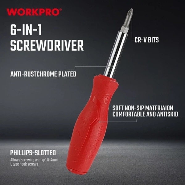Tua vít đổi đầu 6 trong 1 WP221066 đa năng, giá ưu đãi - Thép hợp kim Cr-V cao cấp - Thương hiệu WORKPRO top 2 thế giới