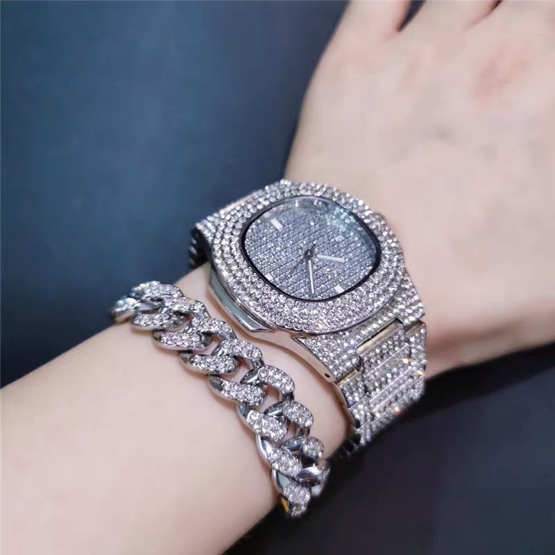 (4 MÓN) Combo đồng hồ lắc tay cuban đính đá màu bạc tặng kèm 2 nhẫn cao cấp - diamond watch B3