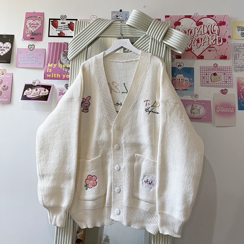 [ ẢNH THẬT ] ÁO CARDIGAN TRẮNG THÊU TL / XANH THÊU TL CHẤT LEN DỆT KIM FORM OVERSIZE