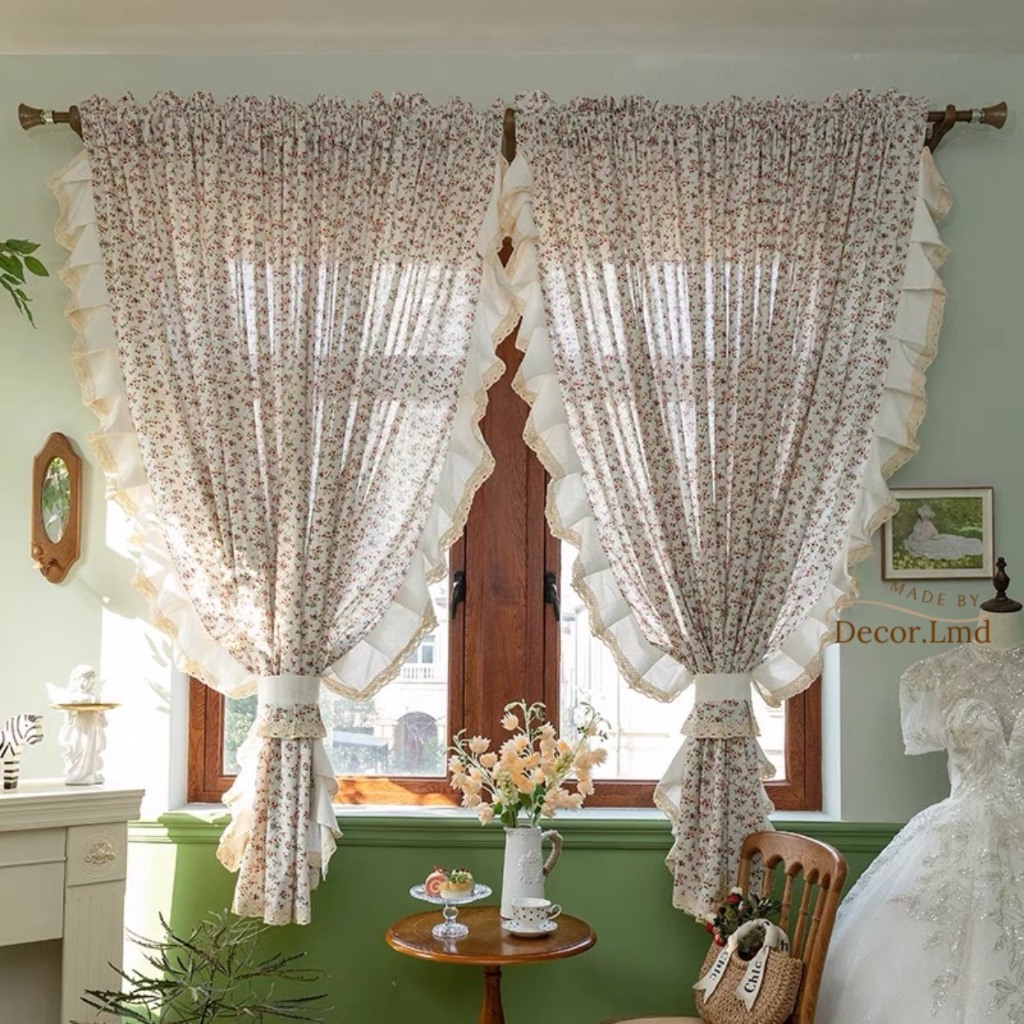 Rèm cửa sổ hoa vintage hồng phối nhún bèo ren ngà công chúa vintage cổ ...
