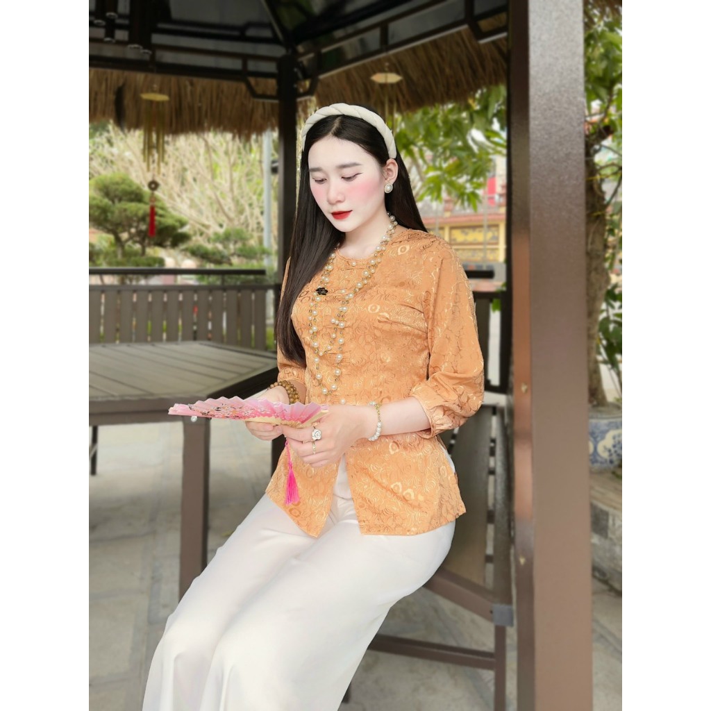 Set đồ lam đi chùa cổ tròn cúc ngọc dài tay Pháp phục đi chùa nữ lụa gấm vân hoa Bộ bà ba cách tân Thanh lịch