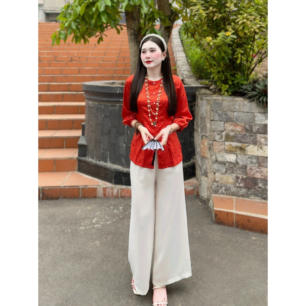 Set đồ lam đi chùa cổ tròn cúc ngọc dài tay Pháp phục đi chùa nữ lụa gấm vân hoa Bộ bà ba cách tân Thanh lịch