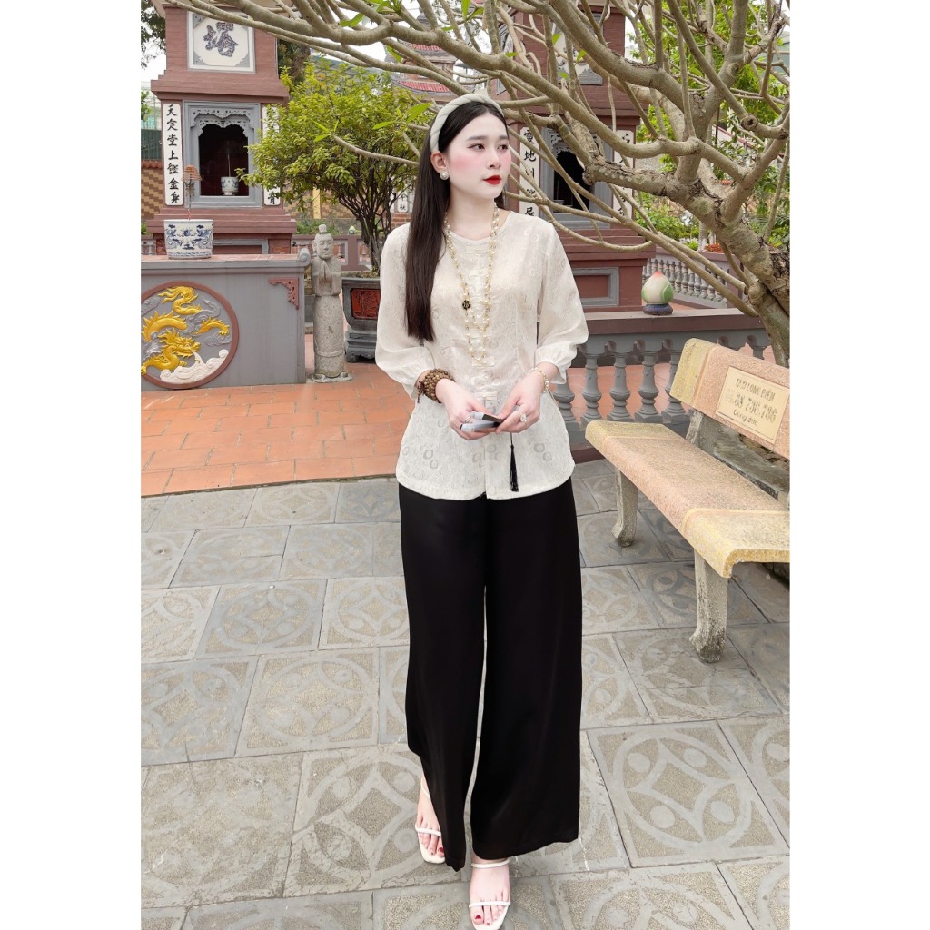 Set đồ lam đi chùa cổ tròn cúc ngọc dài tay Pháp phục đi chùa nữ lụa gấm vân hoa Bộ bà ba cách tân Thanh lịch