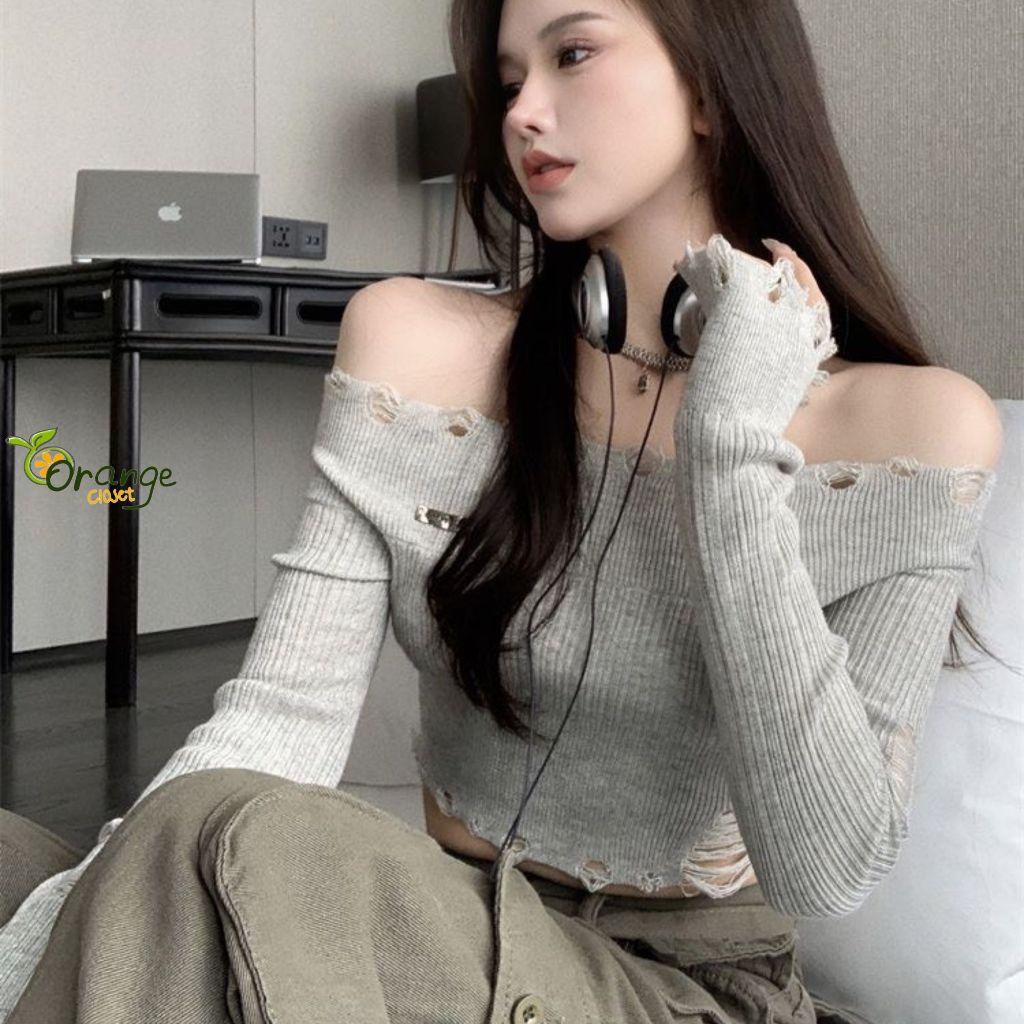 Áo Len Dệt Kim Mỏng Dáng Ngắn Dáng Ôm Body Trễ Vai Phối Rách Kiểu Siêu ...