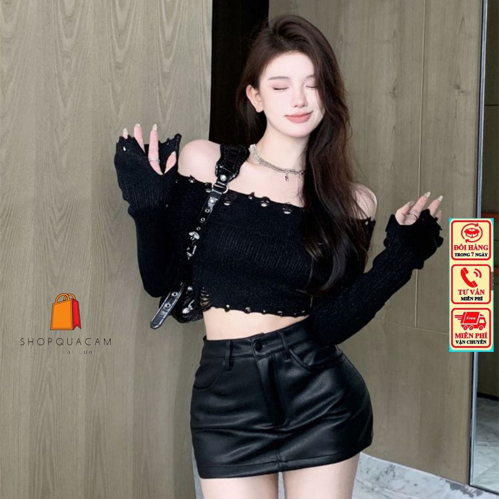 Áo Len Mỏng Kiểu Rách Thân Cá Tính Trễ Vai Dáng Ngắn Croptop Ôm Body Dễ ...