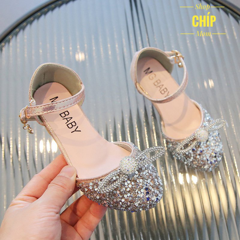 giày búp bê có gót cho bé gái đi tiệc đi chơi công chúa đính đá nơ xinh xắn mẫu mới QCCC MG baby V77