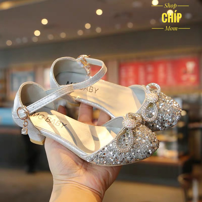 giày búp bê có gót cho bé gái đi tiệc đi chơi công chúa đính đá nơ xinh xắn mẫu mới QCCC MG baby V77